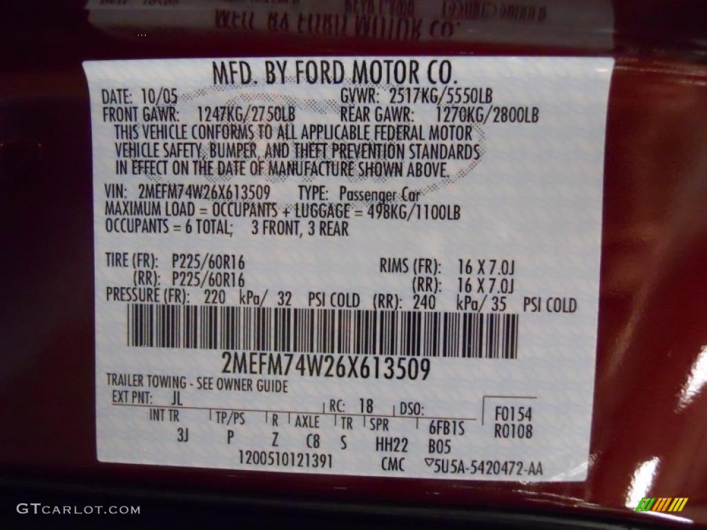 2006 Grand Marquis Color Code JL for Dark Toreador Red Metallic Photo #46131634