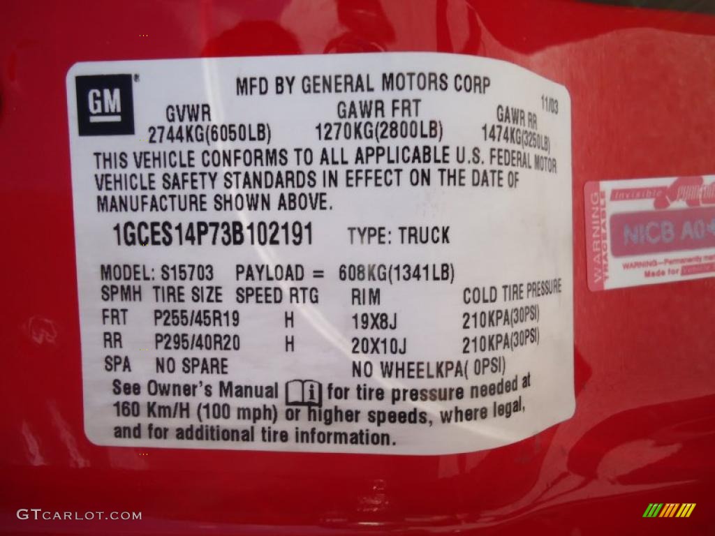 2003 Chevrolet SSR Standard SSR Model Info Tag Photo #46151089
