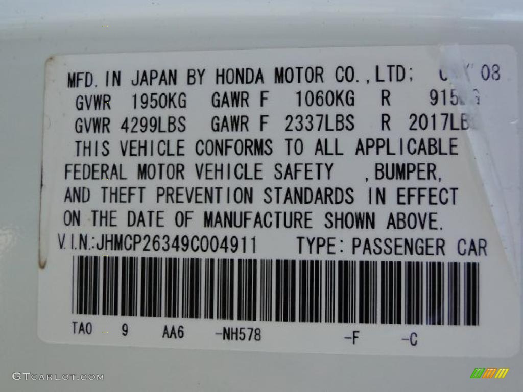 2009 Accord Color Code NH578 for Taffeta White Photo #46154770