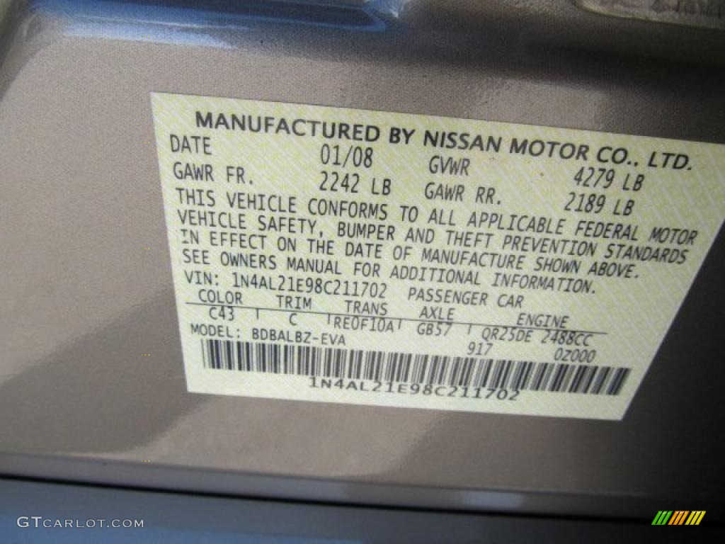 2008 Altima Color Code C43 for Pebble Beach Metallic Photo #46168067