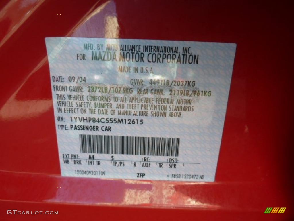 2005 MAZDA6 Color Code A4 for Volcanic Red Photo #46190426