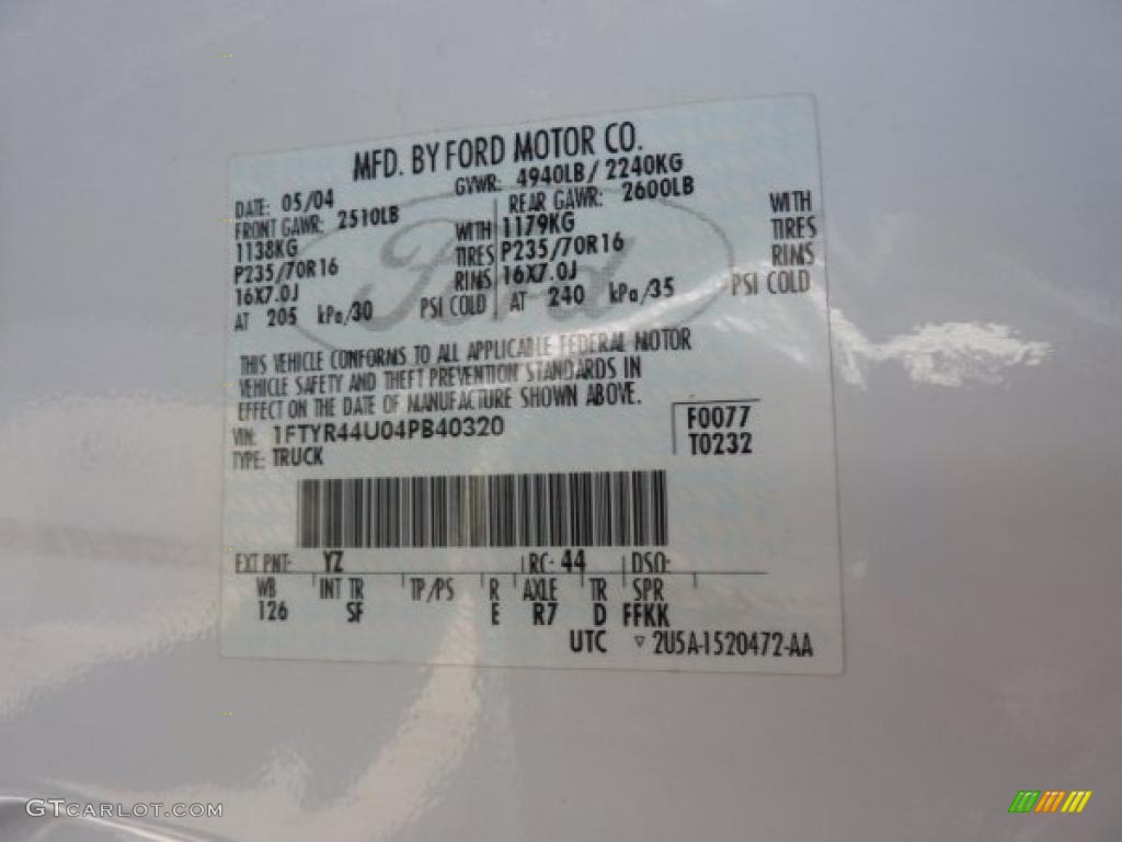 2004 Ranger Color Code YZ for Oxford White Photo #46206515