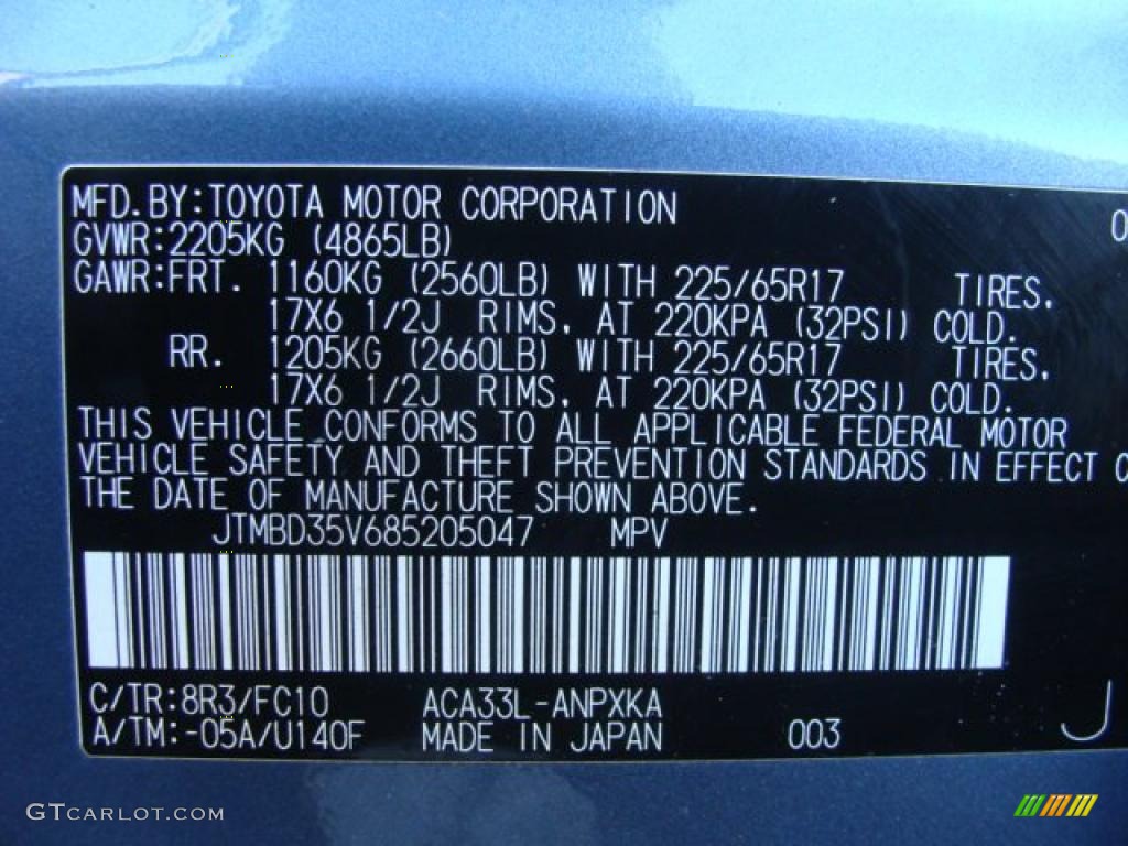 2008 RAV4 Color Code 8R3 for Pacific Blue Metallic Photo #46221707