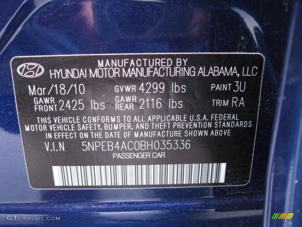 2011 Sonata Color Code 3U for Indigo Blue Pearl Photo #46278969