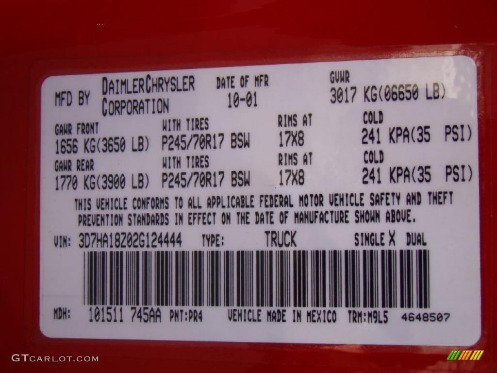 2002 Ram 1500 Color Code PR4 for Flame Red Photo #46309745