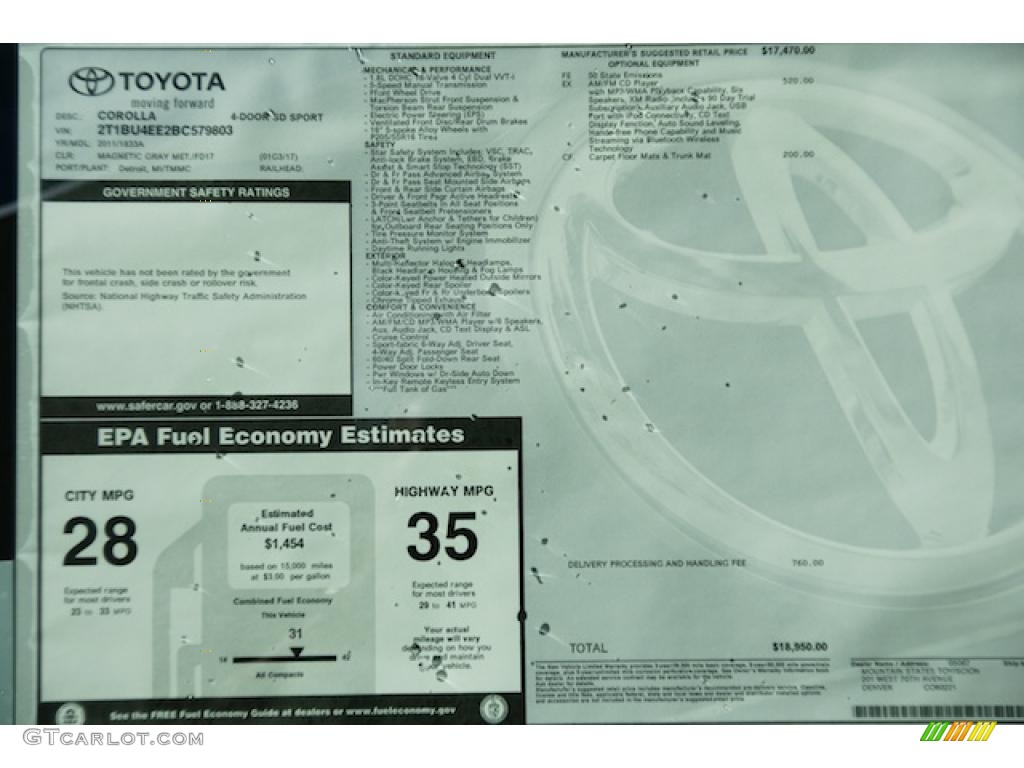 2011 Toyota Corolla S Window Sticker Photo #46337916