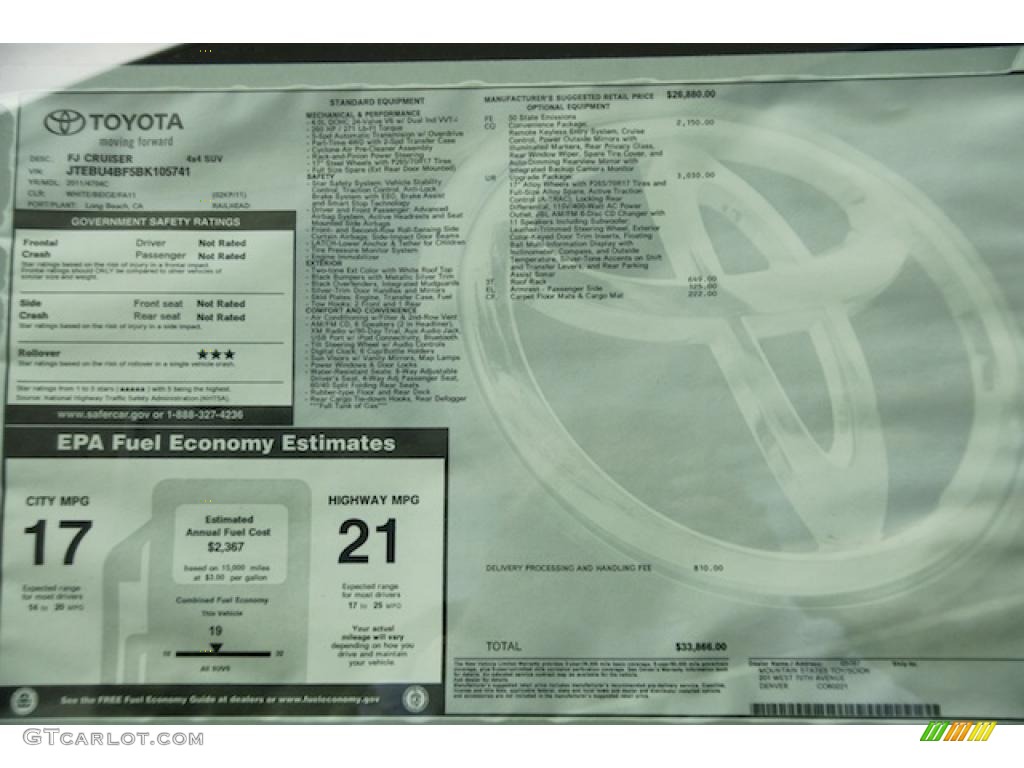 2011 Toyota FJ Cruiser 4WD Window Sticker Photo #46337961