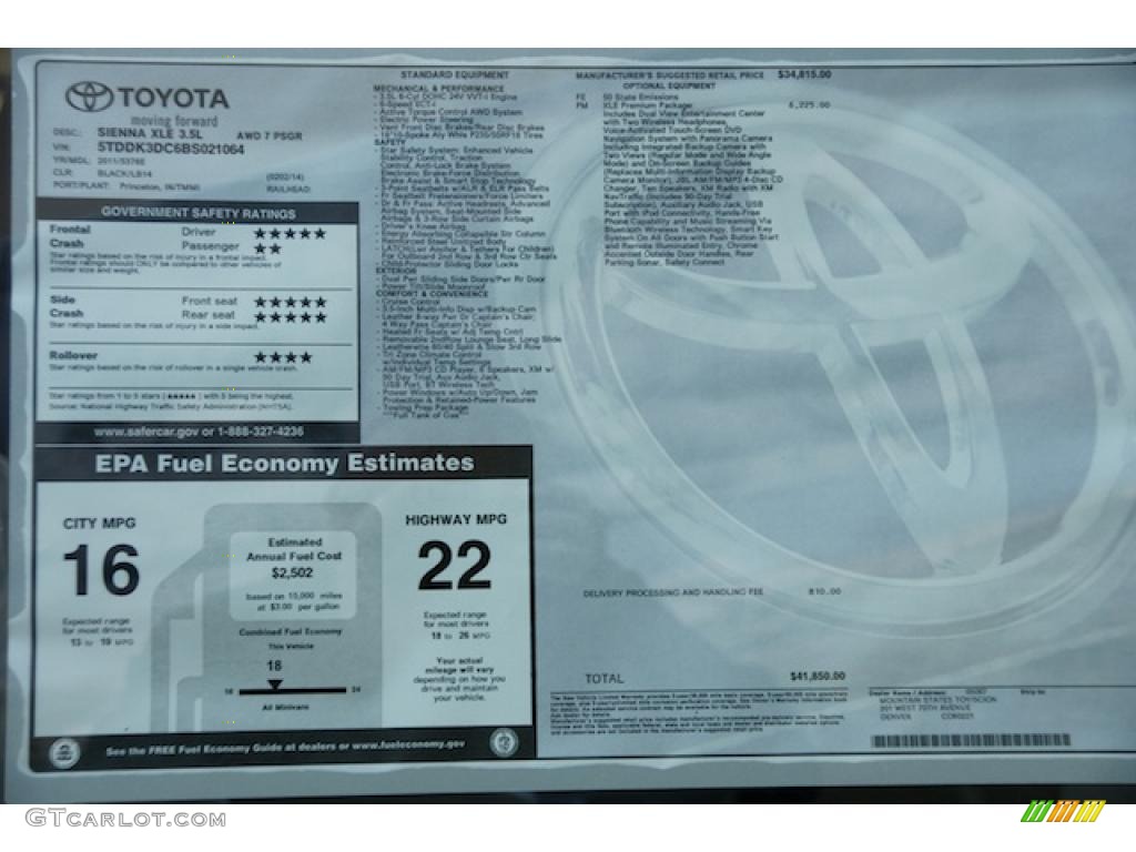 2011 Toyota Sienna XLE AWD Window Sticker Photo #46338291