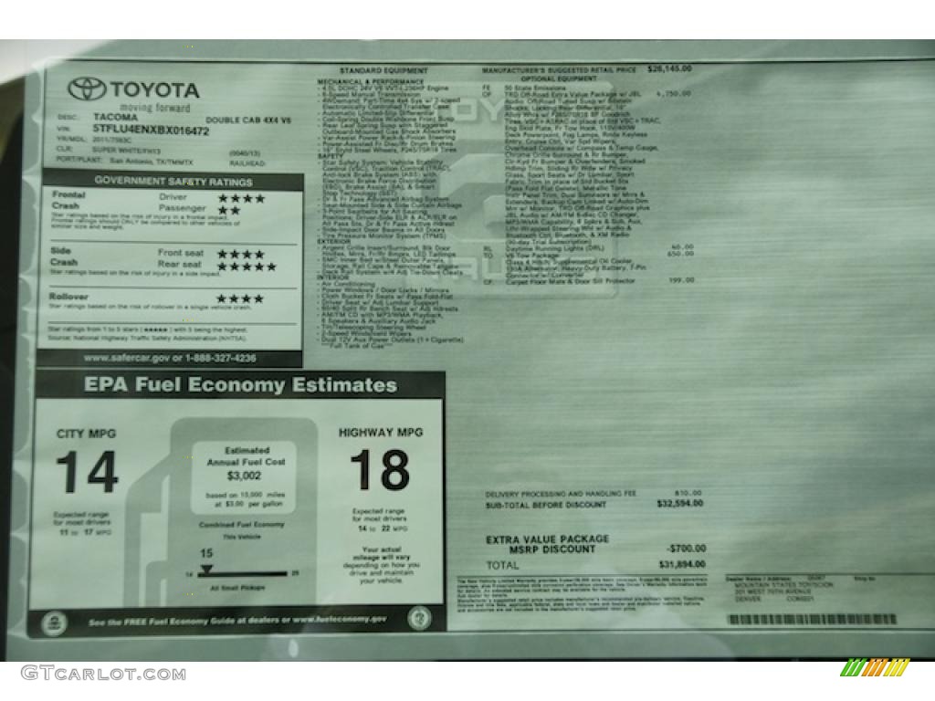 2011 Toyota Tacoma V6 TRD Double Cab 4x4 Window Sticker Photos