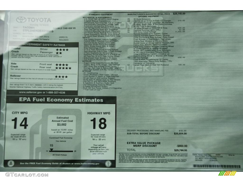 2011 Toyota Tacoma V6 SR5 Double Cab 4x4 Window Sticker Photo #46340913