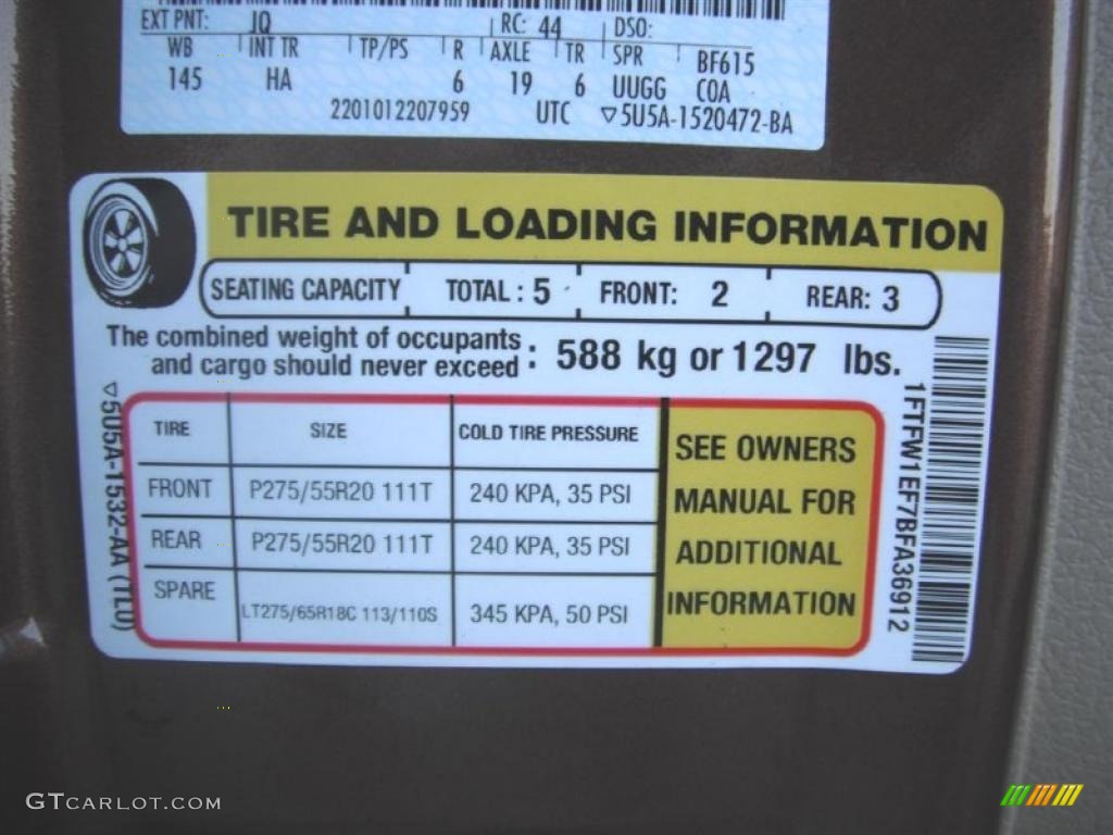 2011 Ford F150 Lariat SuperCrew 4x4 Info Tag Photo #46342008