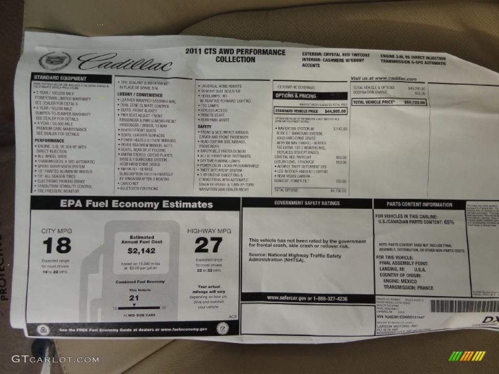2011 Cadillac CTS 4 AWD Coupe Window Sticker Photo #46346123