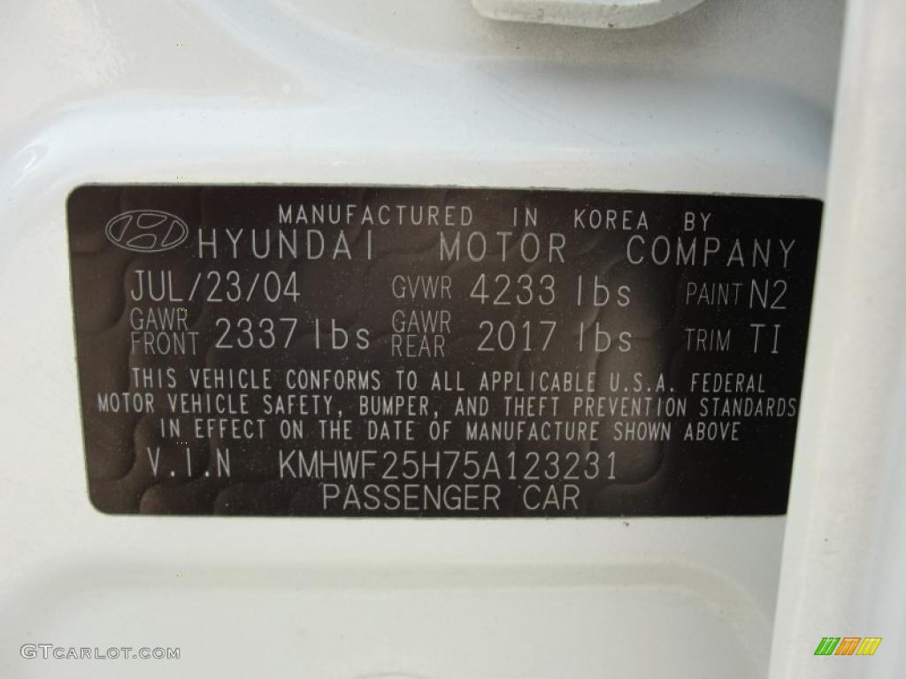 2005 Sonata Color Code N2 for Powder White Pearl Photo #46352747