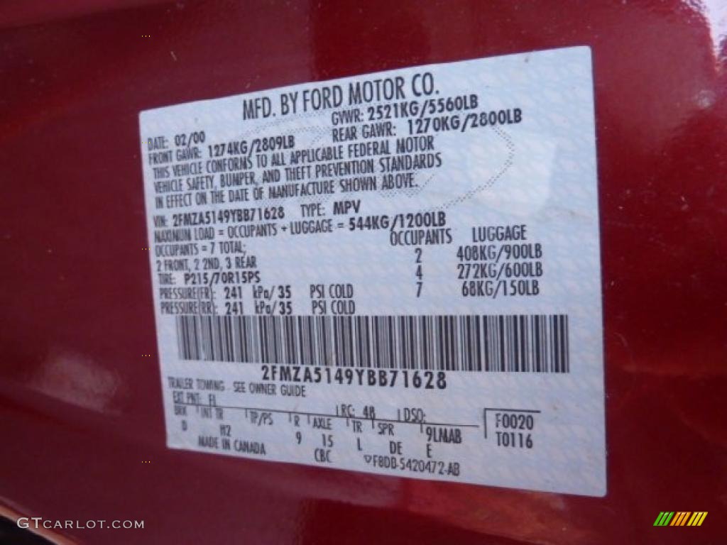 2000 Windstar Color Code FL for Toreador Red Metallic Photo #46381515