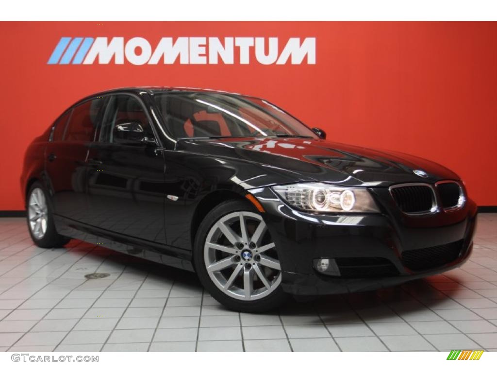 2010 3 Series 328i Sedan - Jet Black / Coral Red/Black Dakota Leather photo #1