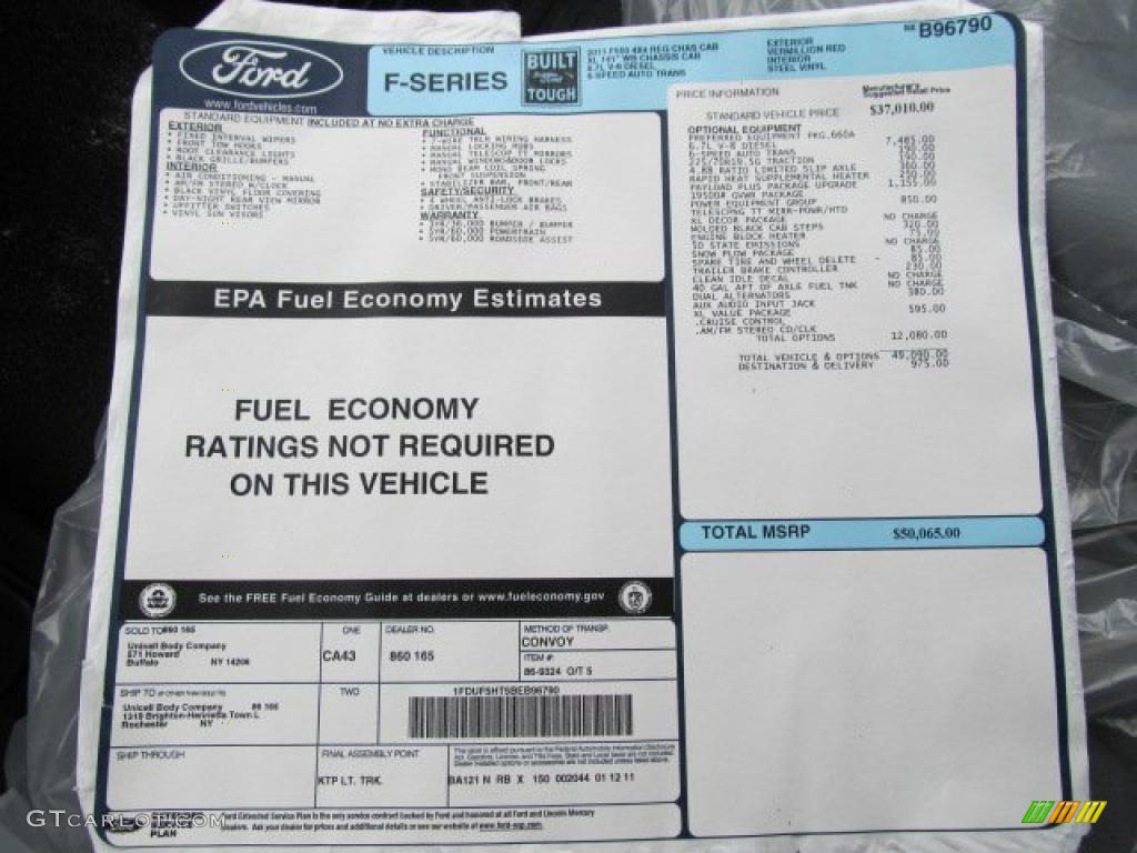 2011 Ford F550 Super Duty XL Regular Cab 4x4 Dump Truck Window Sticker Photo #46423896