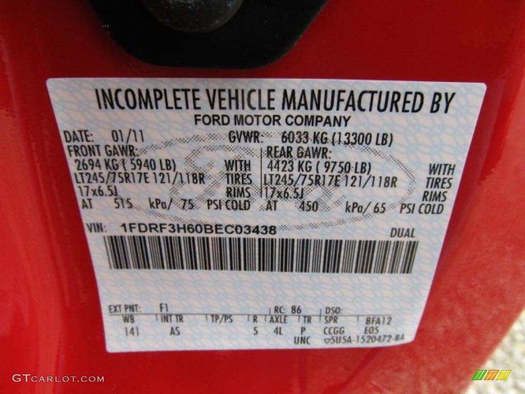 2011 F350 Super Duty Color Code F1 for Vermillion Red Photo #46424229
