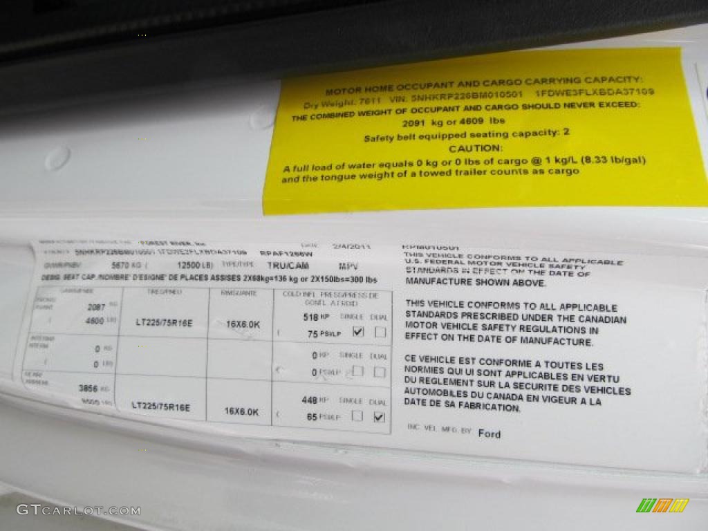 2011 Ford E Series Cutaway E350 Commercial Utility Truck Info Tag Photo #46424640