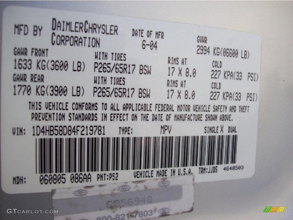 2004 Durango Color Code PS2 for Brilliant Silver Metallic Photo #46424957