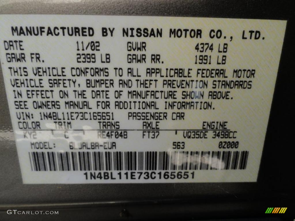 2003 Nissan Altima 3.5 SE Color Code Photos