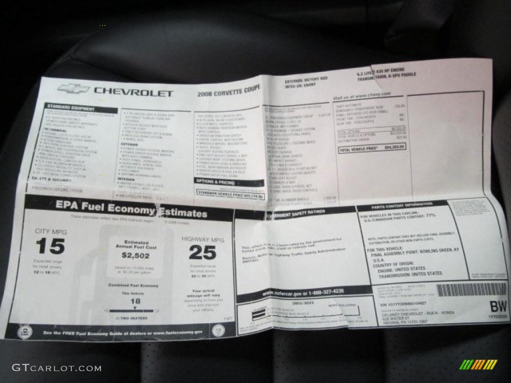 2008 Chevrolet Corvette Coupe Window Sticker Photo #46432302