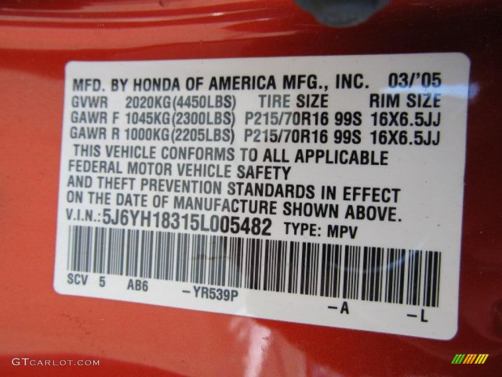 2005 Honda element color codes