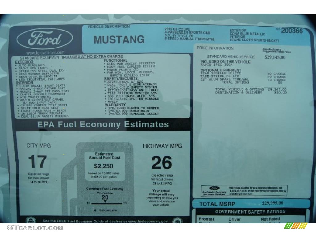 2012 Ford Mustang GT Coupe Window Sticker Photo #46465602