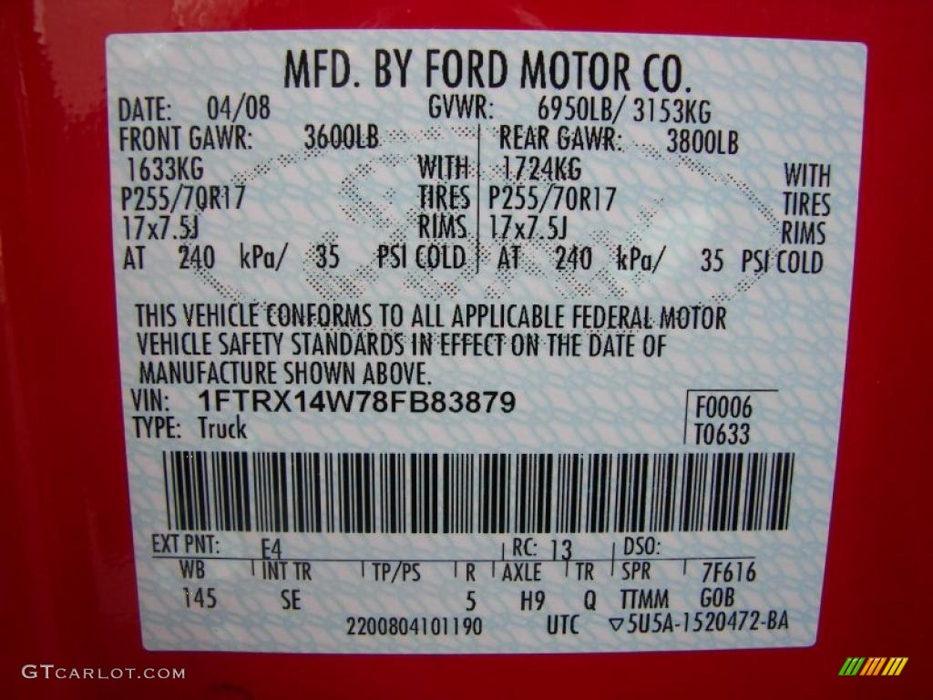 2008 F150 Color Code E4 for Bright Red Photo #46468005