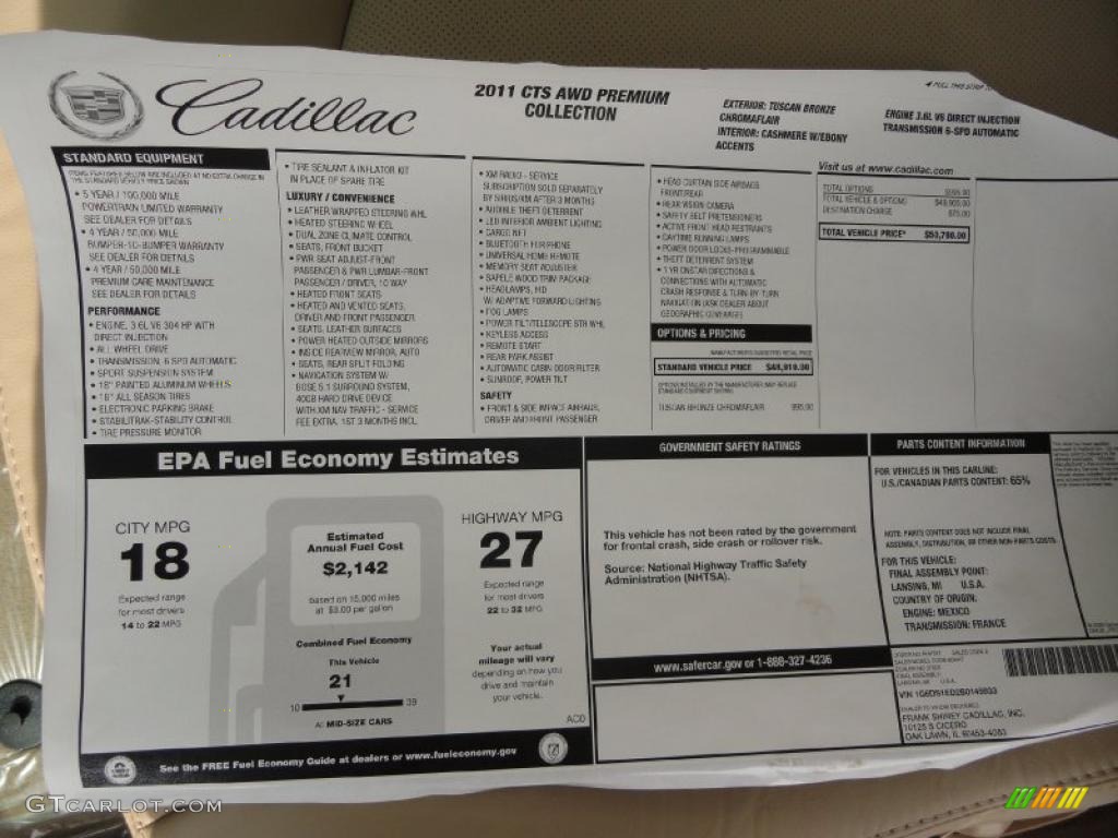 2011 Cadillac CTS 4 AWD Coupe Window Sticker Photo #46471485