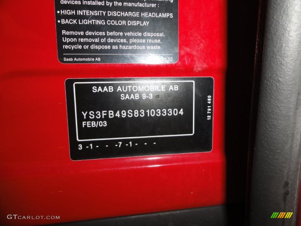 2003 Saab 9-3 Linear Sport Sedan Info Tag Photo #46475268