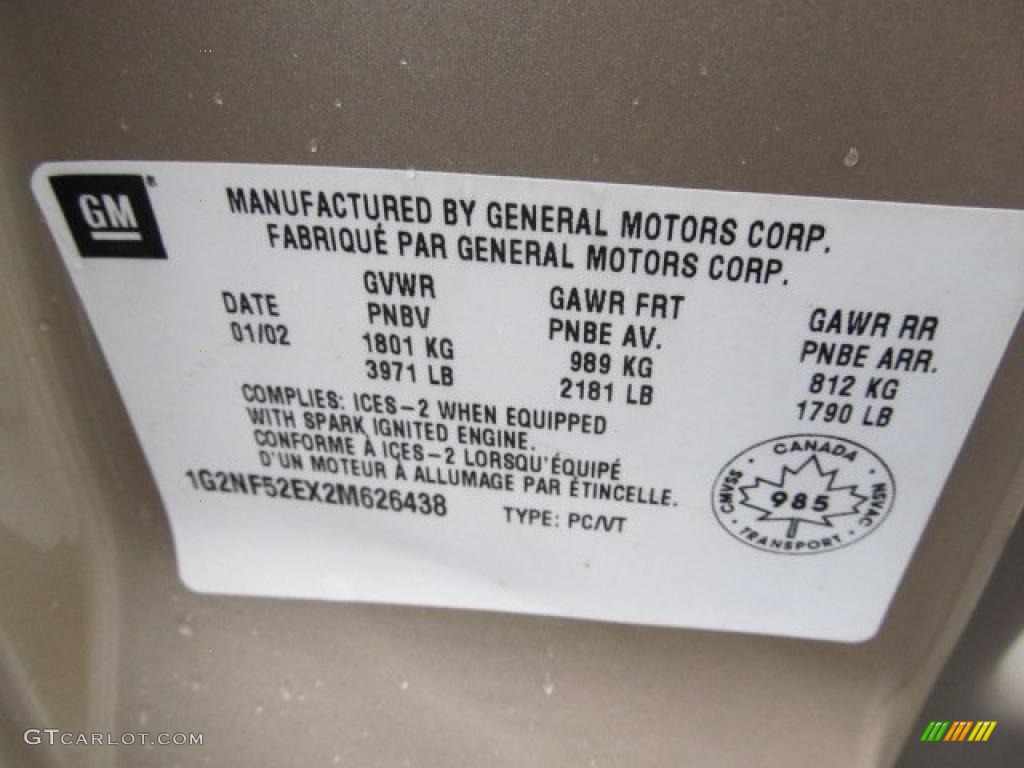 2002 Pontiac Grand Am SE Sedan Info Tag Photo #46490100