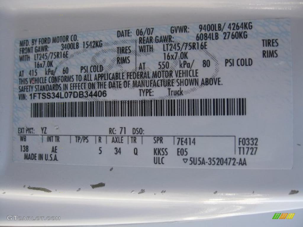2007 Ford E Series Van E350 Super Duty Refrigerated Cargo Color Code Photos