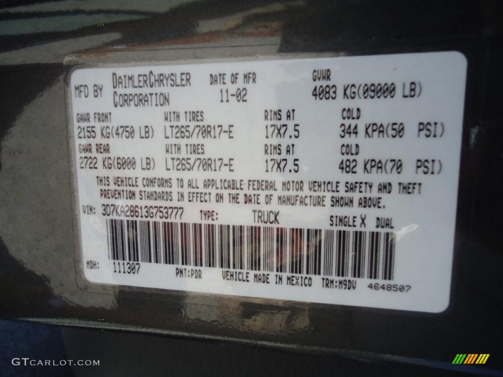2003 Ram 2500 Color Code PDR for Graphite Metallic Photo #46494504