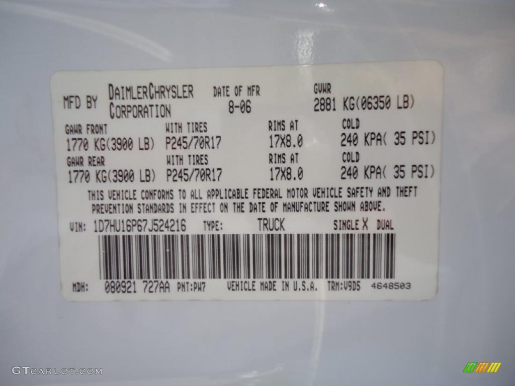 2007 Ram 1500 Color Code PW7 for Bright White Photo #46495092