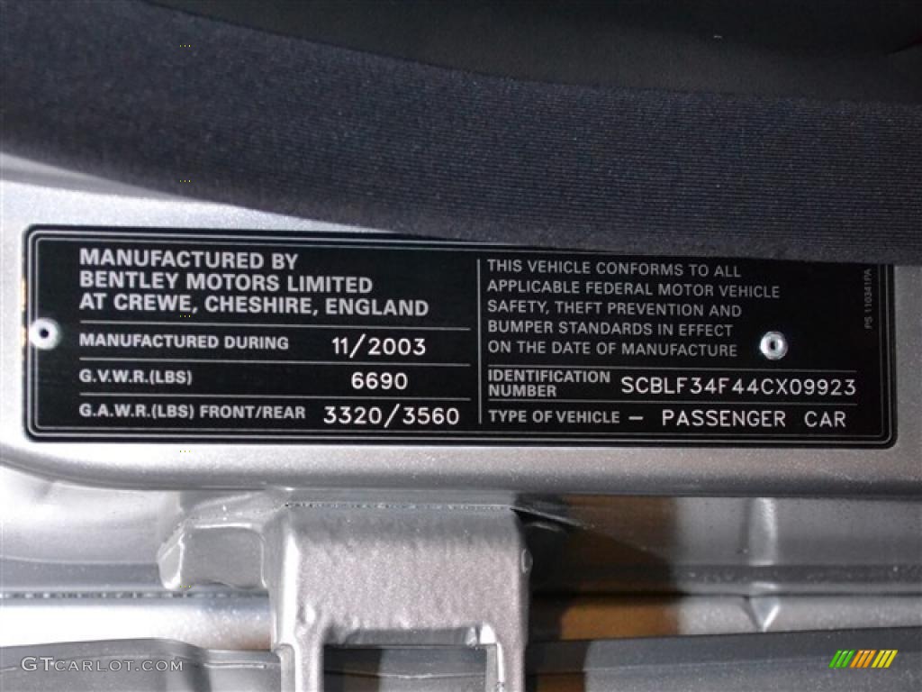 2004 Bentley Arnage T-24 Mulliner Info Tag Photo #46501589