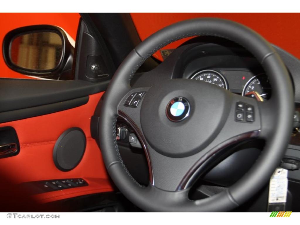 2011 BMW 3 Series 335i Convertible Coral Red/Black Dakota Leather Steering Wheel Photo #46518387