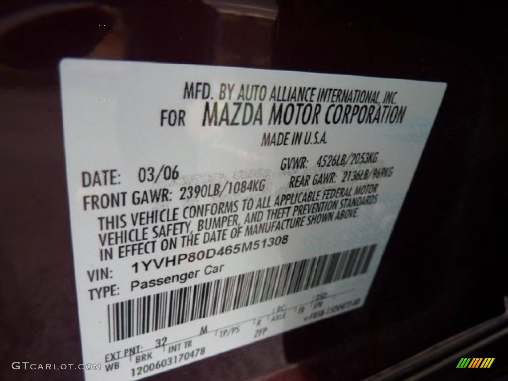 2006 Mazda MAZDA6 s Sedan Color Code Photos