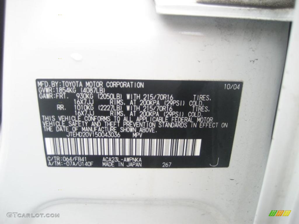 2005 RAV4 Color Code 064 for Frosted White Pearl Photo #46537638