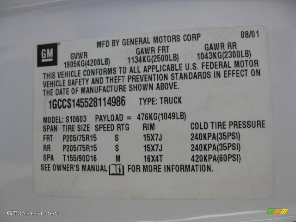 2002 Chevrolet S10 Regular Cab Info Tag Photos