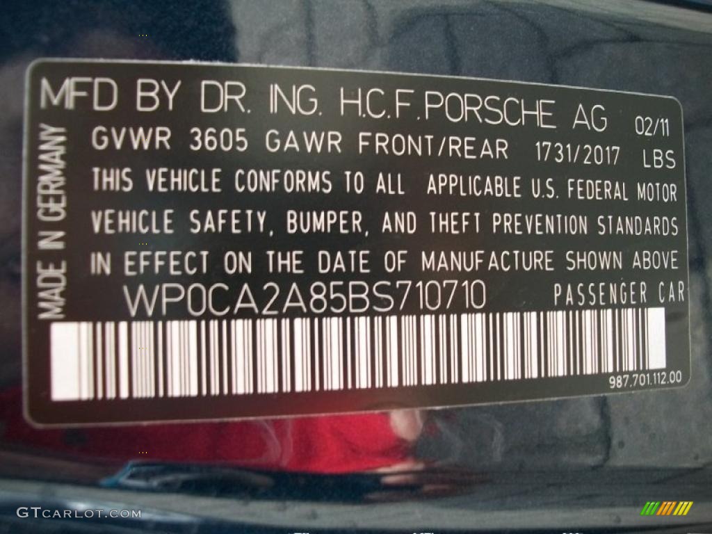 2011 Porsche Boxster Standard Boxster Model Info Tag Photo #46551419