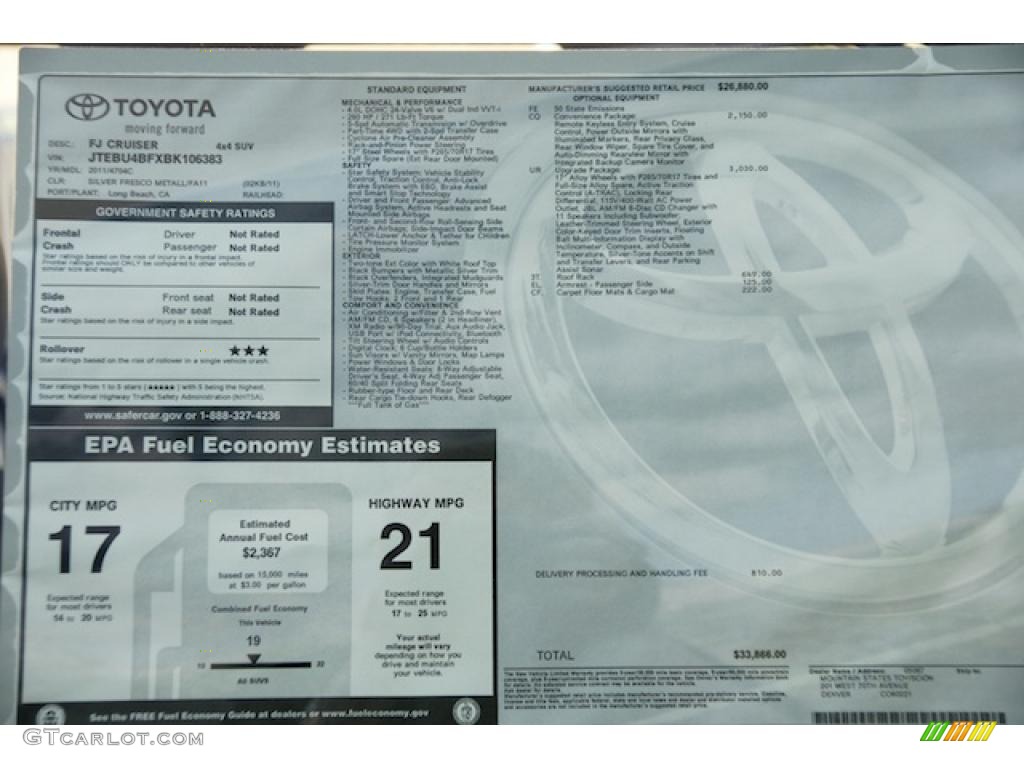 2011 Toyota FJ Cruiser 4WD Window Sticker Photo #46567924