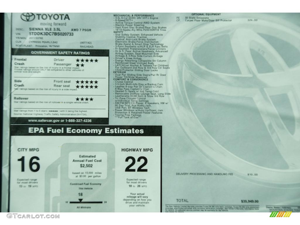 2011 Toyota Sienna XLE AWD Window Sticker Photo #46569181