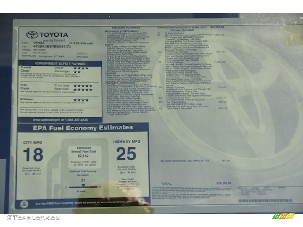 2011 Toyota Venza V6 AWD Window Sticker Photo #46569379