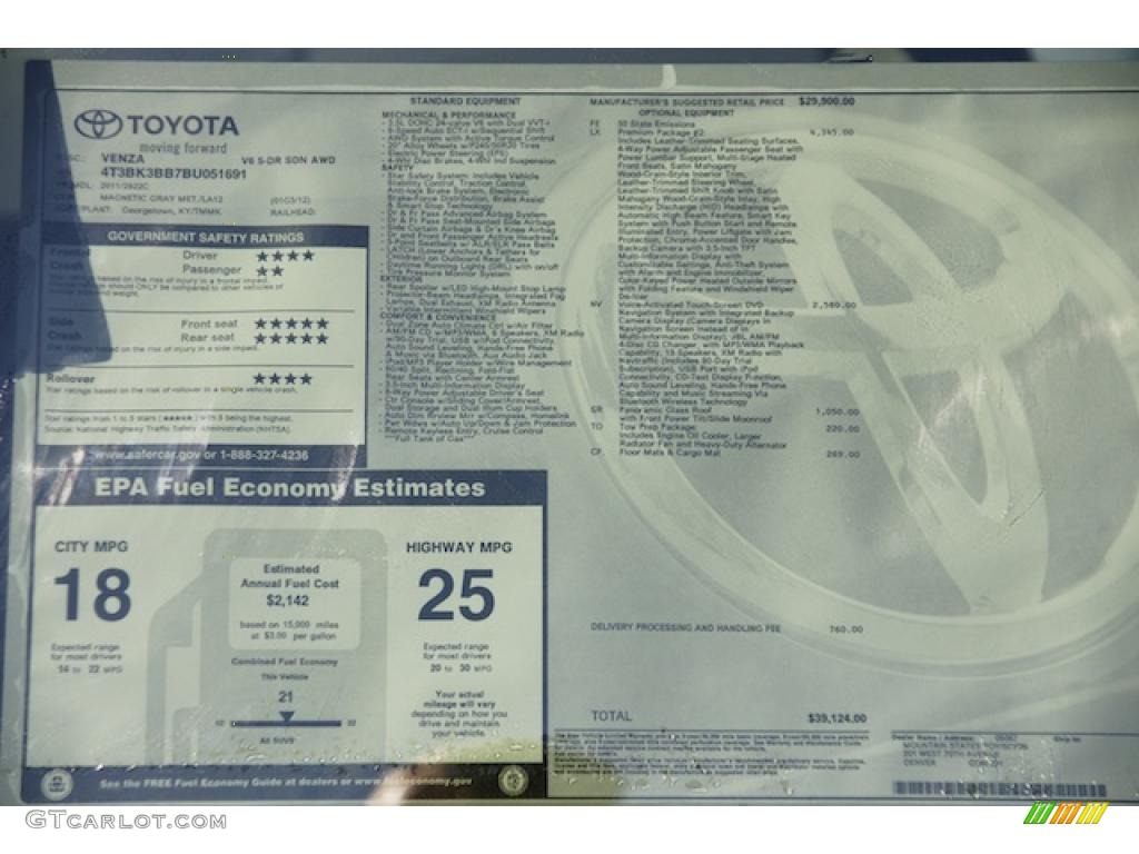 2011 Toyota Venza V6 AWD Window Sticker Photo #46569925