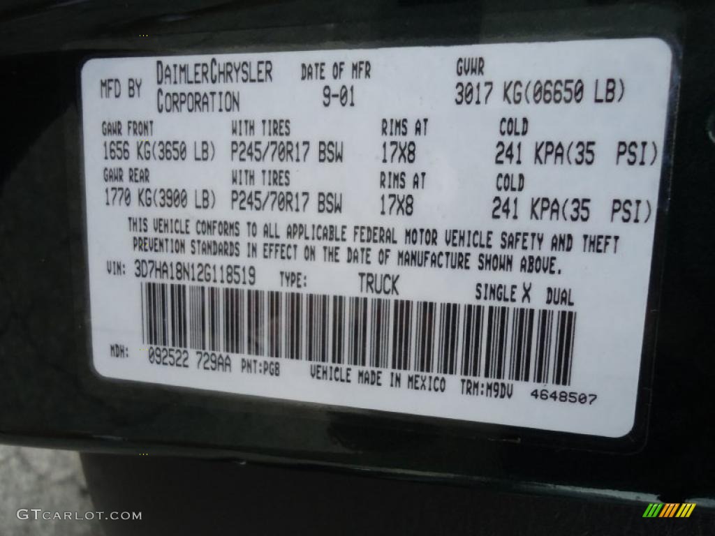 2002 Ram 1500 Color Code PG8 for Forest Green Pearlcoat Photo #46571581