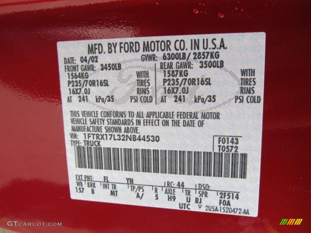 2002 F150 Color Code FL for Toreador Red Metallic Photo #46587219
