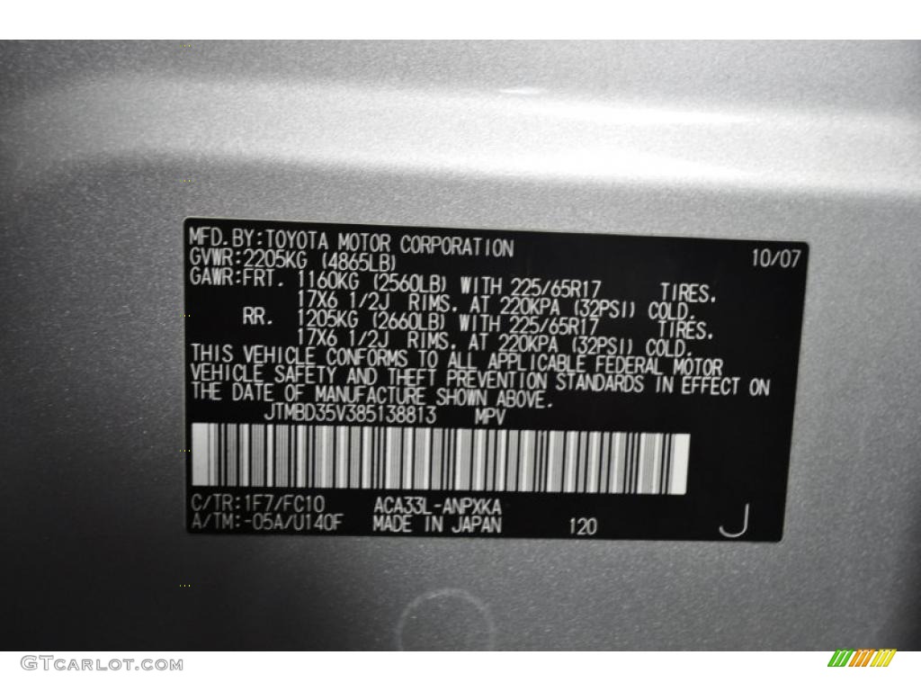2008 RAV4 Color Code 1F7 for Classic Silver Metallic Photo #46596698