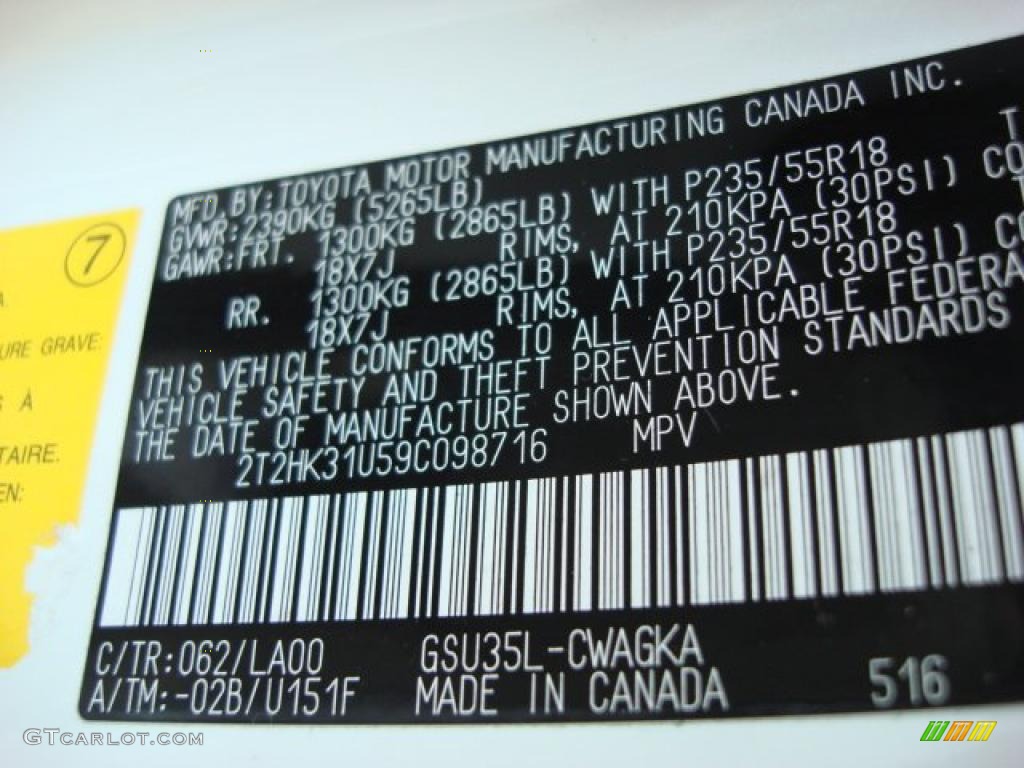 2009 RX Color Code 062 for Crystal White Mica Photo #46642484