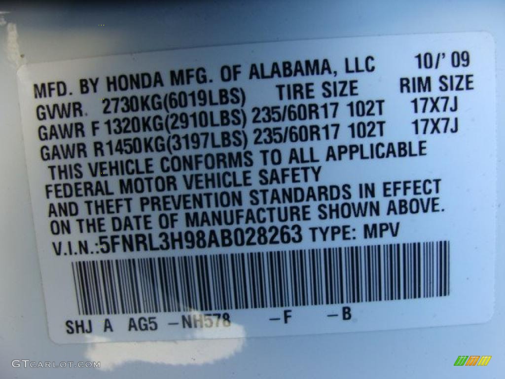 2010 Odyssey Color Code NH578 for Taffeta White Photo #46646456