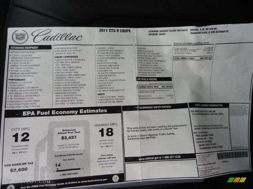 2011 Cadillac CTS -V Coupe Window Sticker Photo #46659572